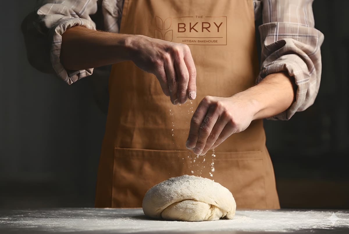 A baker dusting flour over dough